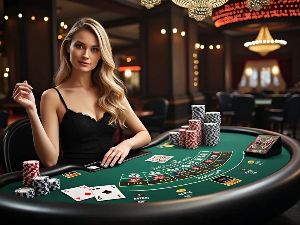Dealer memandu permainan kartu di meja kasino live